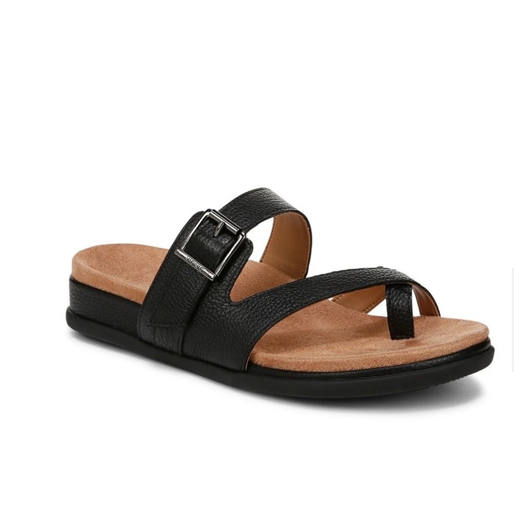 Vionic Carmela Black Leather Toe-Loop Slide Sanda… - image 1